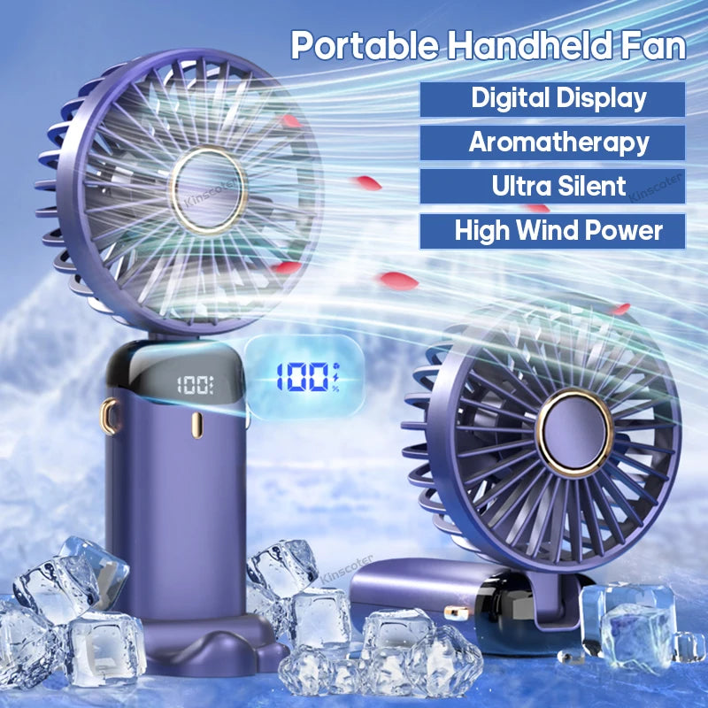 USB Foldable Mini Fan – 5 Speeds, Neck Hanging, Phone Stand & Display